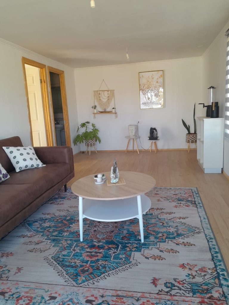 Sala de espera de la cabaña con sofá y alfombra